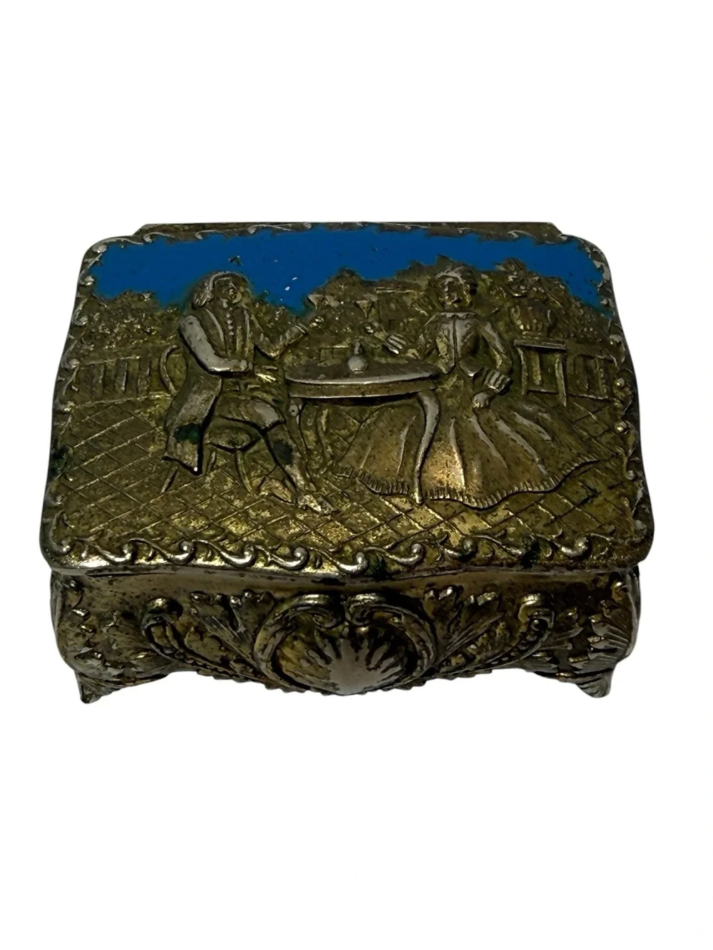 Vintage Repousse Metal Enamel Trinket Jewelry Box Courting Couple Made in Japan